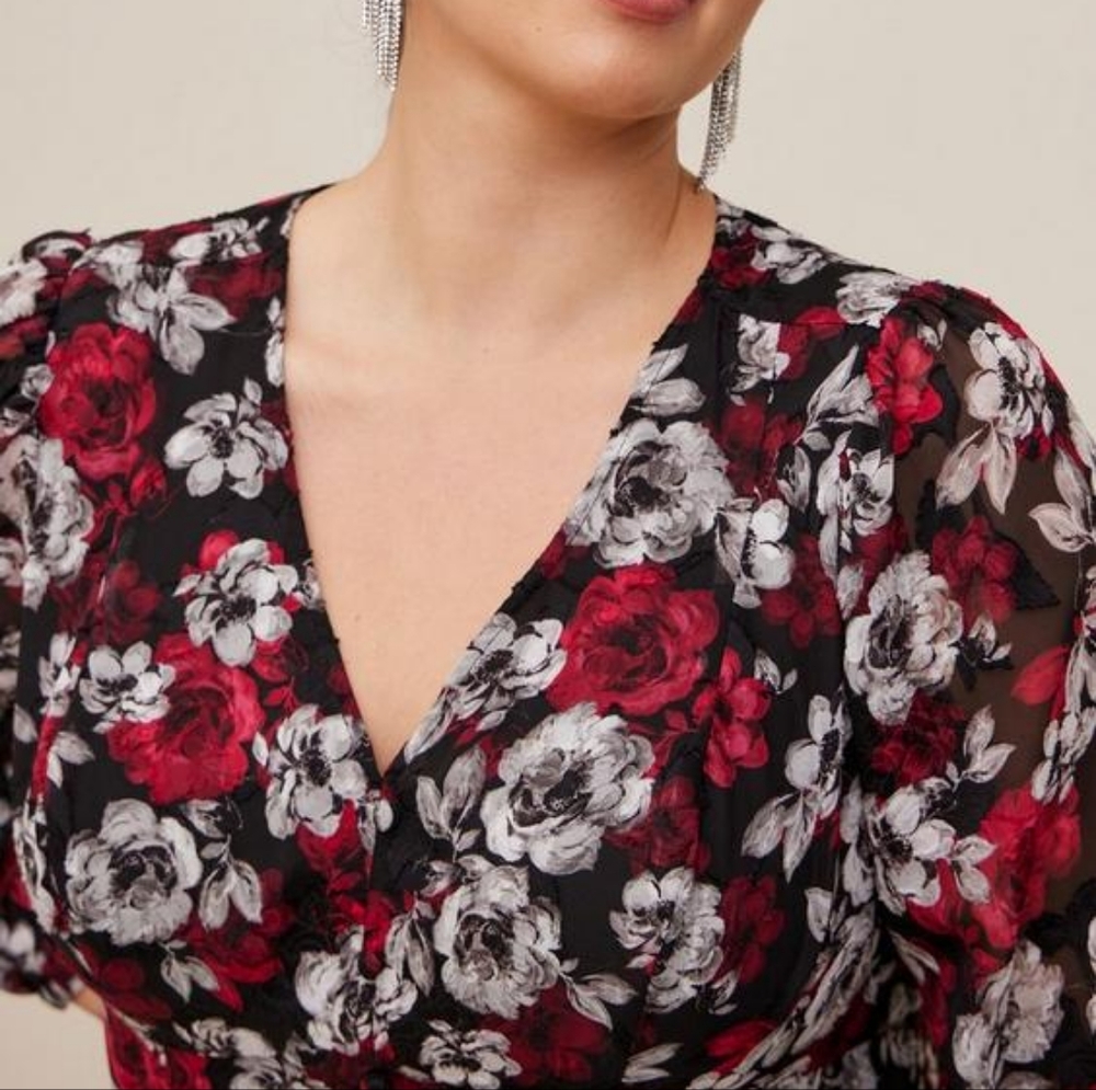 Torrid plus floral v neck blouson long sleeves peplum top, 5XL, blac… - Picture 3 of 14